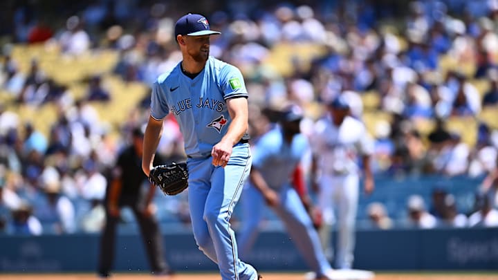 Aug 10, 2025; Los Angeles, California, USA; Toronto Blue Jays starting pitcher Eric Lauer (56) follows through on a pitch during the first inning against the Los Angeles Dodgers at Dodger Stadium. Mandatory Credit: Jonathan Hui-Imagn Images