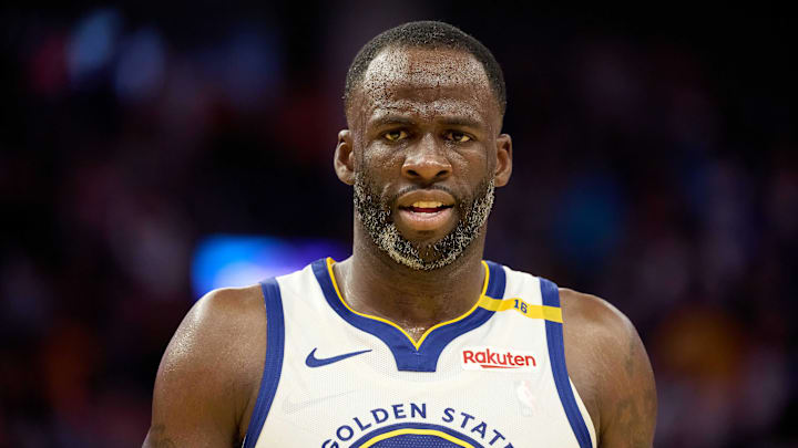 Apr 13, 2025; San Francisco, California, USA; Golden State Warriors forward Draymond Green (23) looks on against the LA Clippers as overtime expires at Chase Center. Mandatory Credit: Robert Edwards-Imagn Images