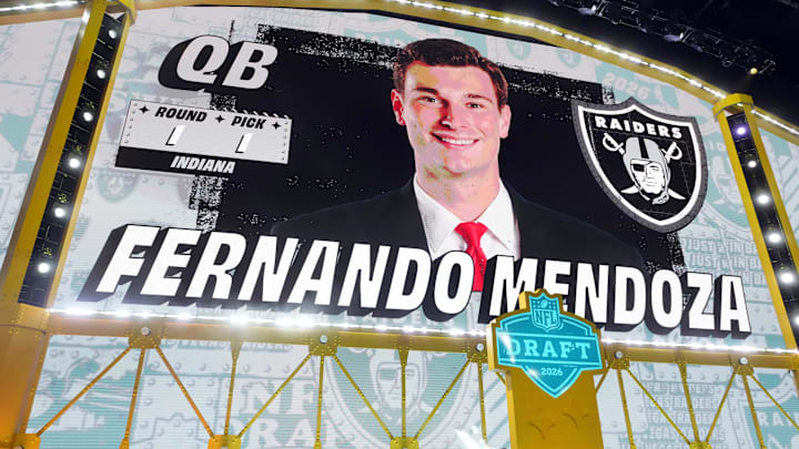 Apr 23, 2026; Pittsburgh, PA, USA; Indiana Hoosiers quarterback Fernando Mendoza is selected by the Las Vegas Raiders as the number one pick during the 2026 NFL Draft at Acrisure Stadium. Mandatory Credit: Kirby Lee-Imagn Images