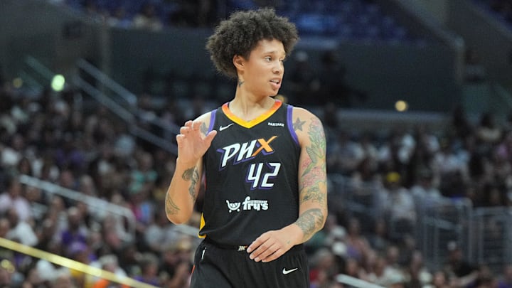 Jul 7, 2024; Los Angeles, California, USA; Phoenix Mercury center Brittney Griner (42) reacts against the LA Sparks in the first half at Crypto.com Arena. Mandatory Credit: Kirby Lee-Imagn Images