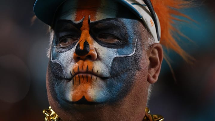 A Miami Dolphins fan cheers during the second quarter