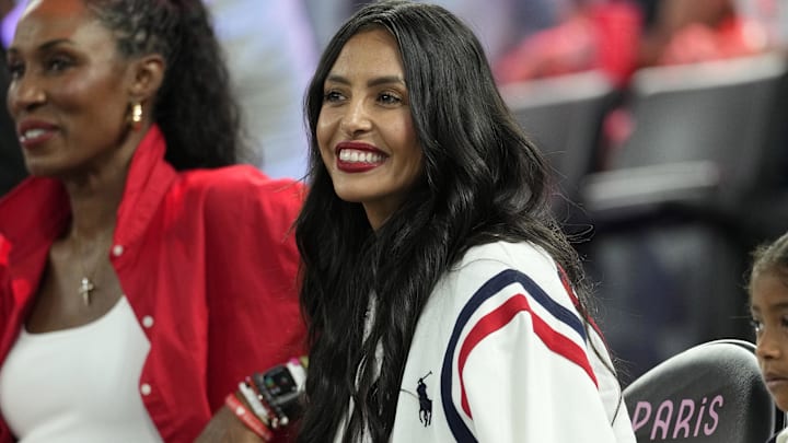Vanessa Bryant looks on before the women's gold medal game between France and the United States during the Paris 2024 Olympic Summer Games at Accor Arena. Vanessa Bryant looks on before the women's gold medal game between France and the United States during the Paris 2024 Olympic Summer Games at Accor Arena.