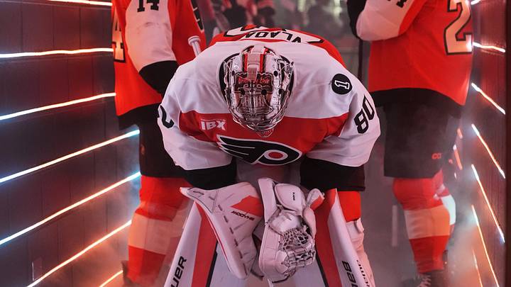 May 9, 2026; Philadelphia, Pennsylvania, USA; Philadelphia Flyers goaltender Dan Vladar (80) waits to take the ice against the Carolina Hurricanes before game four of the second round of the 2026 Stanely Cup Playoffs at Xfinity Mobile Arena. Mandatory Credit: James Lang-Imagn Images