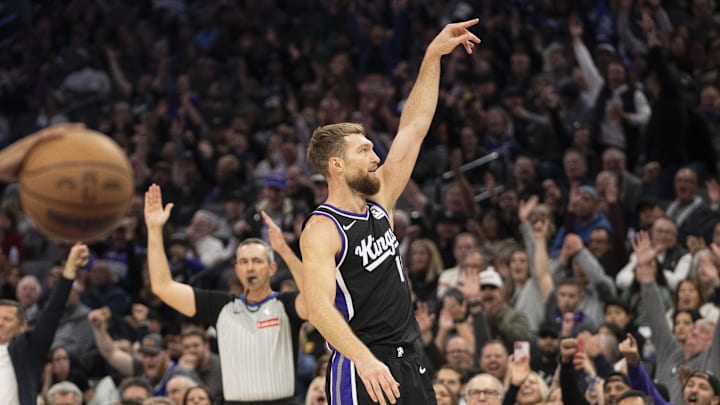 November 13, 2024; Sacramento, California, USA; Sacramento Kings forward Domantas Sabonis (11) celebrates after making a three-point basket against the Phoenix Suns during the second quarter at Golden 1 Center. Mandatory Credit: Kyle Terada-Imagn Images