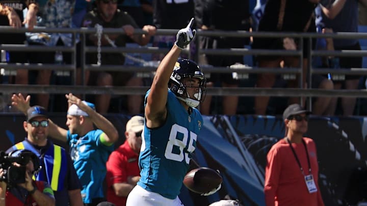 Jacksonville Jaguars tight end Brenton Strange (85) celebrates his touchdown during the third quarter of an NFL football matchup Sunday, Oct. 15, 2023 at EverBank Stadium in Jacksonville, Fla. The Jacksonville Jaguars defeated the Indianapolis Colts 37-20. [Corey Perrine/Florida Times-Union]