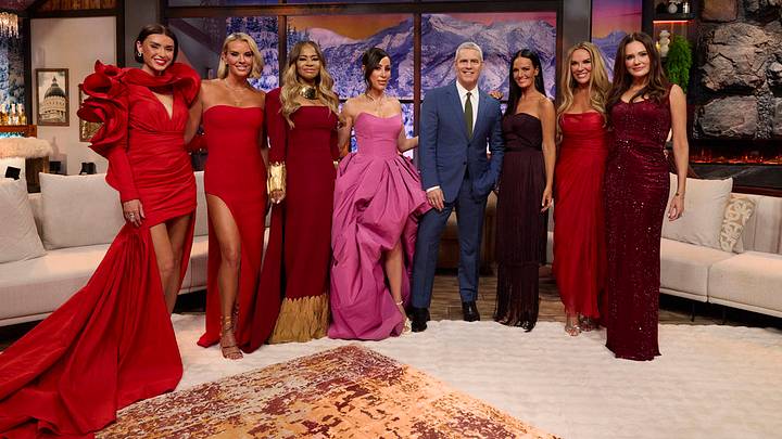 THE REAL HOUSEWIVES OF SALT LAKE CITY -- "Reunion" -- Pictured: (l-r) Bronwyn Newport, Whitney Rose, Mary Cosby, Angie Katsanevas, Andy Cohen, Lisa Barlow, Heather Gay, Meredith Marks -- (Photo by: Jocelyn Prescod/Bravo) THE REAL HOUSEWIVES OF SALT LAKE CITY -- "Reunion" -- Pictured: (l-r) Bronwyn Newport, Whitney Rose, Mary Cosby, Angie Katsanevas, Andy Cohen, Lisa Barlow, Heather Gay, Meredith Marks -- (Photo by: Jocelyn Prescod/Bravo)