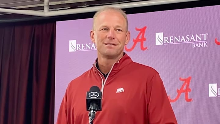 Alabama head coach Kalen DeBoer discussing upcoming Georgia game.