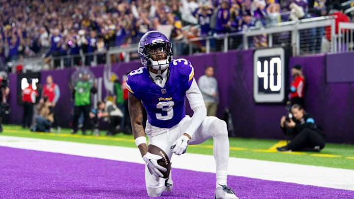 Jordan Addison after scoring a touchdown against the Packers. Jordan Addison after scoring a touchdown against the Packers.