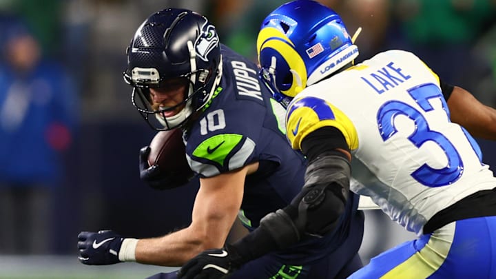 Jan 25, 2026; Seattle, WA, USA; Seattle Seahawks wide receiver Cooper Kupp (10) runs against Los Angeles Rams safety Quentin Lake (37) during the second half in the 2026 NFC Championship Game at Lumen Field. Mandatory Credit: Kevin Ng-Imagn Images Jan 25, 2026; Seattle, WA, USA; Seattle Seahawks wide receiver Cooper Kupp (10) runs against Los Angeles Rams safety Quentin Lake (37) during the second half in the 2026 NFC Championship Game at Lumen Field. Mandatory Credit: Kevin Ng-Imagn Images