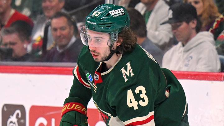 Apr 30, 2026; Saint Paul, Minnesota, USA; Minnesota Wild defensemen Quinn Hughes (43) controls the puck against the Dallas Stars during the first period in game six of the first round of the 2026 Stanley Cup Playoffs at Grand Casino Arena. Mandatory Credit: Nick Wosika-Imagn Images Apr 30, 2026; Saint Paul, Minnesota, USA; Minnesota Wild defensemen Quinn Hughes (43) controls the puck against the Dallas Stars during the first period in game six of the first round of the 2026 Stanley Cup Playoffs at Grand Casino Arena. Mandatory Credit: Nick Wosika-Imagn Images