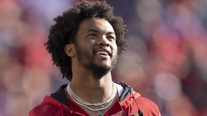 November 7, 2021; Santa Clara, California, USA; Arizona Cardinals quarterback Kyler Murray (1) smiles on the sideline during the second quarter against the San Francisco 49ers at Levi's Stadium. Mandatory Credit: Kyle Terada-Imagn Images