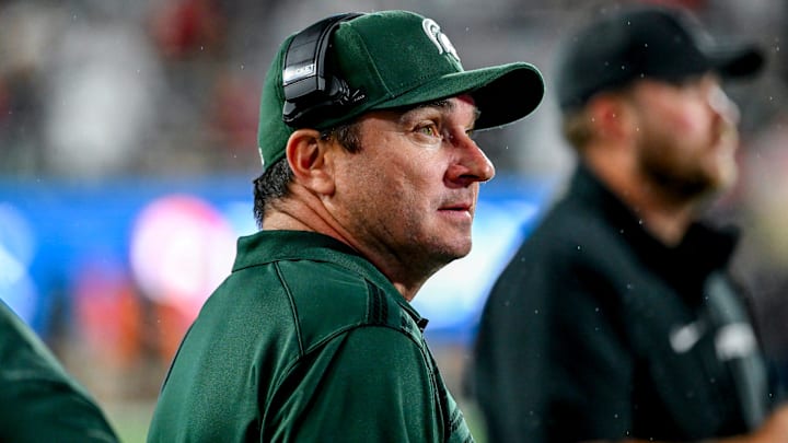Michigan State's head coach Jonathan Smith looks on during the fourth quarter in the game against Ohio State on Saturday, Sept. 28, 2024, at Spartan Stadium in East Lansing.