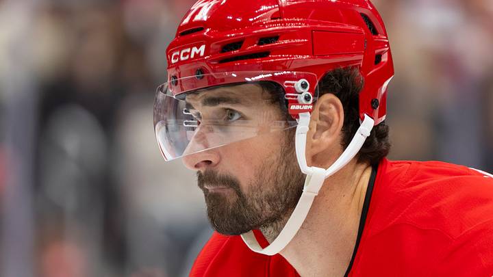 Oct 17, 2026; Detroit, Michigan, USA;  Detroit Red Wings center Dylan Larkin (71) looks on during the second period against the San Jose Sharks at Little Caesars Arena.  Mandatory Credit: Brian Bradshaw Sevald-Imagn Images
