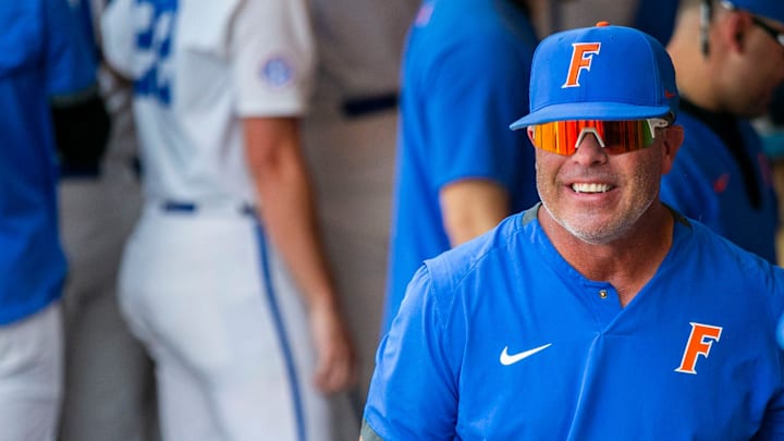 Florida head coach Kevin O'Sullivan celebrates the win of the NCAA Regionals  game against Texas Tech, Monday, June 5, 2023, at Condron Family Ballpark in Gainesville, Florida. Florida beat Texas Tech 6-0 and advances to Super Regionals. [Cyndi Chambers/ Gainesville Sun] 2023