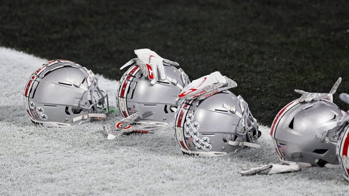 Jan. 11, 2021; Miami Gardens, Florida, USA; Ohio State Buckeye helmets along the end zone during warm-ups before the College Football Playoff National Championship between the Alabama Crimson Tide and the Ohio State Buckeyes at Hard Rock Stadium in Miami Gardens, Fla. on January 11, 2021.
Ncaa Football Cfp National Championship Ohio State Vs Alabama Jan. 11, 2021; Miami Gardens, Florida, USA; Ohio State Buckeye helmets along the end zone during warm-ups before the College Football Playoff National Championship between the Alabama Crimson Tide and the Ohio State Buckeyes at Hard Rock Stadium in Miami Gardens, Fla. on January 11, 2021.
Ncaa Football Cfp National Championship Ohio State Vs Alabama
