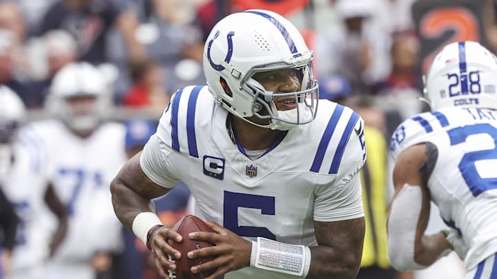 Indianapolis Colts quarterback Anthony Richardson (5) rolls out of the pocket during the game against the Houston Texans at NRG Stadium.