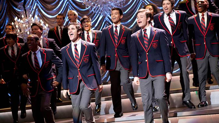 GLEE: The Warblers perform at Sectionals in the "Special Education" episode of GLEE airing Tuesday Nov. 30 (8:00-9:00 PM ET/PT) on FOX. Pictured front L-R: Darren Criss and Chris Colfer. (Photo by FOX Image Collection via Getty Images)