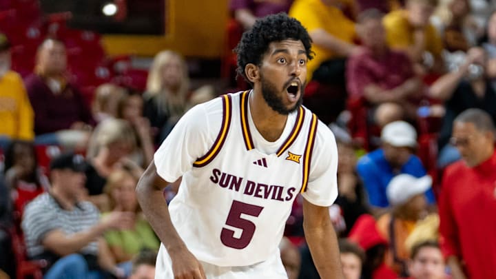 Arizona State Sun Devils Moe Odum (5) yells before passing the ball during a game against the Southern Utah Thunderbirds at Desert Financial Arena in Tempe on Nov. 4, 2025.