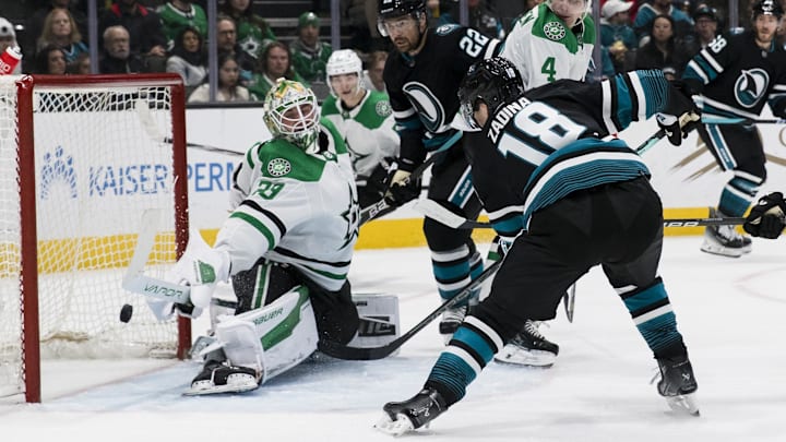 Mar 5, 2024; San Jose, California, USA; San Jose Sharks right wing Filip Zadina (18) scores a goal