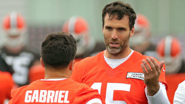 Cleveland Browns quarterback Joe Flacco, facing, chats with rookie quarterback Dillon Gabriel (5) during an NFL practice at the Cleveland Browns training facility on Wednesday, May 28, 2025, in Berea, Ohio. Cleveland Browns quarterback Joe Flacco, facing, chats with rookie quarterback Dillon Gabriel (5) during an NFL practice at the Cleveland Browns training facility on Wednesday, May 28, 2025, in Berea, Ohio.