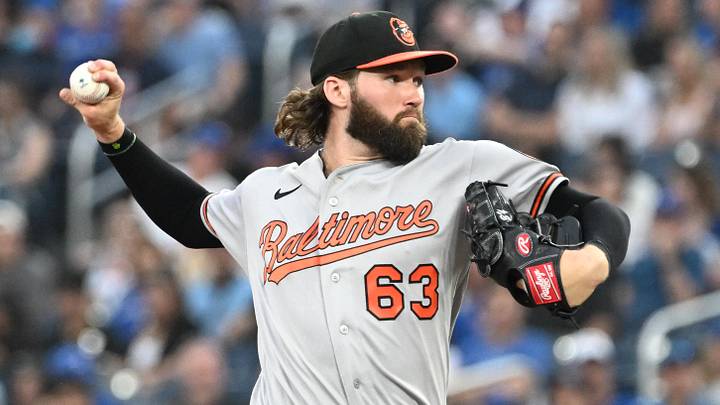 Jun 5, 2026; Toronto, Ontario, CAN;  Baltimore Orioles starting pitcher Brandon Young (63) delivers a pitch against the Toronto Blue Jays in the third inning at Rogers Centre. Mandatory Credit: Dan Hamilton-Imagn Images