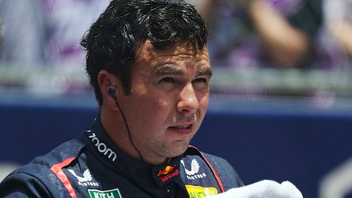 May 4, 2024; Miami Gardens, Florida, USA; Red Bull Racing driver Sergio Perez (11) reacts on the grid after the F1 Sprint Race at Miami International Autodrome. Mandatory Credit: John David Mercer-USA TODAY Sports