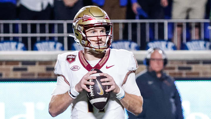 Oct 18, 2024; Durham, North Carolina, USA; Florida State Seminoles quarterback Luke Kromenhoek (14) prepares to throw the football during the second half of the game against Duke Blue Devils at Wallace Wade Stadium. Mandatory Credit: Jaylynn Nash-Imagn Images Oct 18, 2024; Durham, North Carolina, USA; Florida State Seminoles quarterback Luke Kromenhoek (14) prepares to throw the football during the second half of the game against Duke Blue Devils at Wallace Wade Stadium. Mandatory Credit: Jaylynn Nash-Imagn Images