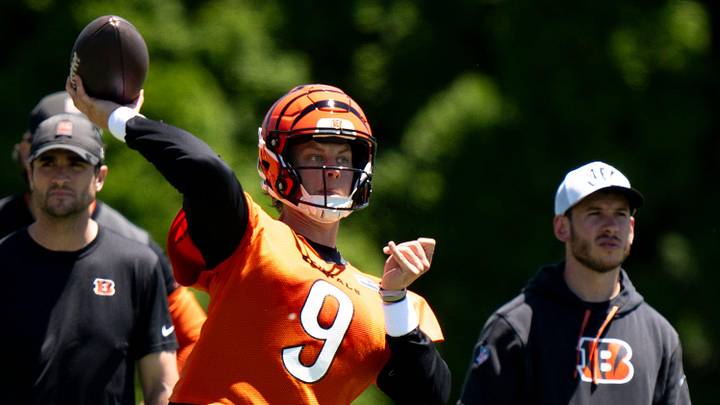 Cincinnati Bengals quarterback Joe Burrow (9) throws a pass during spring practice on at the Kettering Practice Fields on Tuesday, June 2, 2026. Cincinnati Bengals quarterback Joe Burrow (9) throws a pass during spring practice on at the Kettering Practice Fields on Tuesday, June 2, 2026.