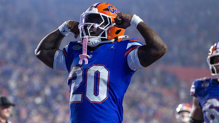 Florida running back Duke Clark (20) celebrates during the second half an NCAA football game at Steve Spurrier Field at Ben Hill Griffin Stadium in Gainesville, FL on Saturday, September 5, 2026. [Alan Youngblood/Gainesville Sun]