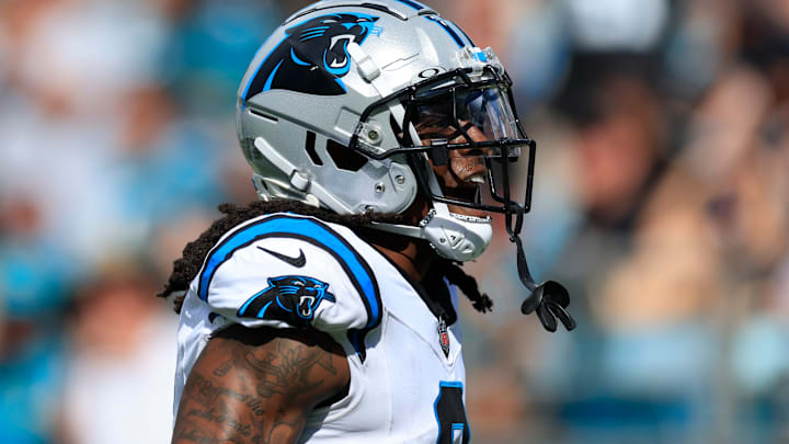 Carolina Panthers cornerback Jaycee Horn (8) taunts the Jacksonville Jaguars fans after collecting an interception during the third quarter of an NFL football matchup at EverBank Stadium, Sunday, Sept. 7, 2025 in Jacksonville, Fla. The Jaguars defeated the Panthers 26-10.