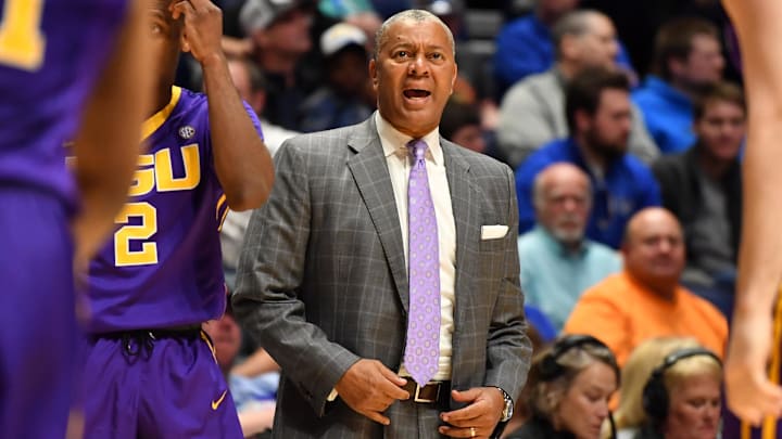 Mar 8, 2017; Nashville, TN, USA; LSU Tigers head coach Johnny Jones during the first half against the Mississippi State Bulldogs during the SEC Conference Tournament at Bridgestone Arena. Mandatory Credit: Christopher Hanewinckel-Imagn Images