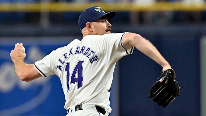 Sep 20, 2024; St. Petersburg, Florida, USA; Tampa Bay Rays starting pitcher Tyler Alexander (14) throws a pitch in the first inning against the Toronto Blue Jays at Tropicana Field. Mandatory Credit: Jonathan Dyer-Imagn Images