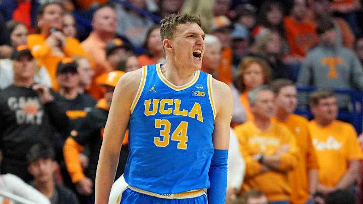 Mar 22, 2025; Lexington, KY, USA; UCLA Bruins forward Tyler Bilodeau (34) celebrates after a play during the first half against the Tennessee Volunteers in the second round of the NCAA Tournament at Rupp Arena. Mandatory Credit: Aaron Doster-Imagn Images Mar 22, 2025; Lexington, KY, USA; UCLA Bruins forward Tyler Bilodeau (34) celebrates after a play during the first half against the Tennessee Volunteers in the second round of the NCAA Tournament at Rupp Arena. Mandatory Credit: Aaron Doster-Imagn Images