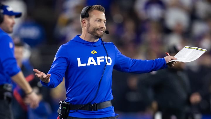 Jan 13, 2025; Glendale, AZ, USA; Los Angeles Rams head coach Sean McVay reacts against the Minnesota Vikings during an NFC wild card game at State Farm Stadium.