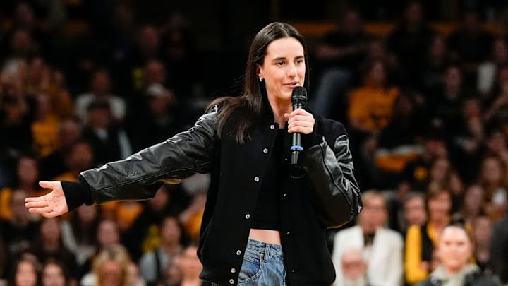 Caitlin Clark addresses the crowd during her jersey retirement ceremony Sunday, Feb. 2, 2025 at Carver-Hawkeye Arena in Iowa City, Iowa.