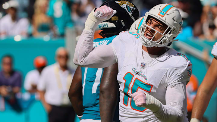 Miami Dolphins linebacker Jaelan Phillips (15) celebrates after sacking Jacksonville Jaguars quarterback Trevor Lawrence (not pictured) during the fourth quarter at Hard Rock Stadium. Miami Dolphins linebacker Jaelan Phillips (15) celebrates after sacking Jacksonville Jaguars quarterback Trevor Lawrence (not pictured) during the fourth quarter at Hard Rock Stadium.