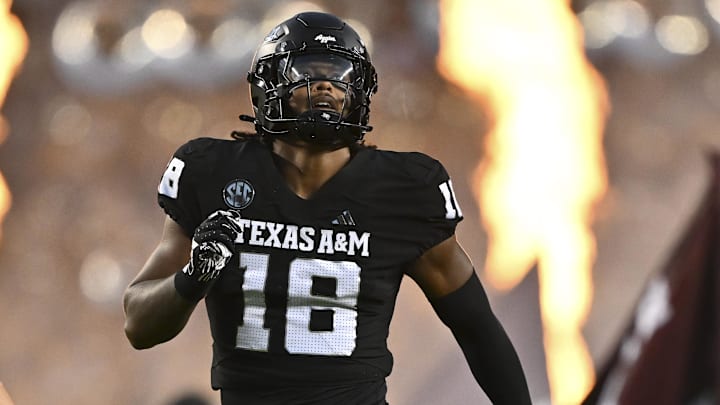 Oct 26, 2024; College Station, Texas, USA; Texas A&M Aggies defensive lineman Cashius Howell (18) takes the field prior to the game against the LSU Tigers. The Aggies defeated the Tigers 38-23; at Kyle Field. Mandatory Credit: Maria Lysaker-Imagn Images.