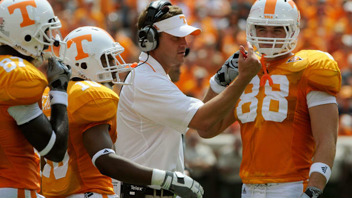 Tennessee head coach Lane Kiffin calls a player to the sideline during a timeout in their 63-7 victory over Western Kentucky on Saturday, Sept. 5, 2009 at Neyland Stadium. The Vols topped the Hilltoppers 63-7 to start the Kiffin era as head coach.
Utwky14 Mp 11995 Tennessee head coach Lane Kiffin calls a player to the sideline during a timeout in their 63-7 victory over Western Kentucky on Saturday, Sept. 5, 2009 at Neyland Stadium. The Vols topped the Hilltoppers 63-7 to start the Kiffin era as head coach.
Utwky14 Mp 11995