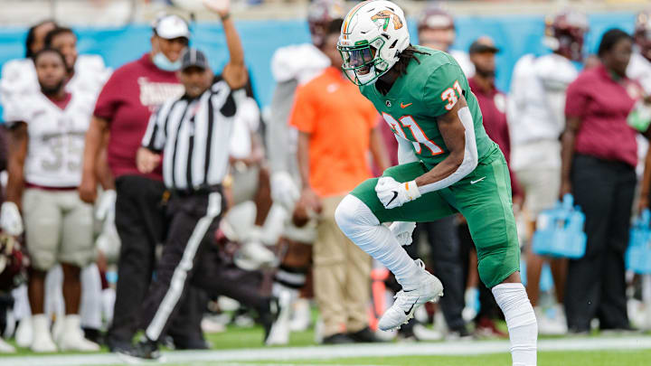Florida A&M Rattlers linebacker Isaiah Land (31) celebrates sacking the Bethune Cookman Wildcats
