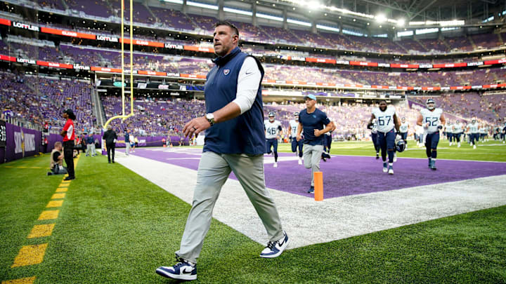 Tennessee Titans Head Coach Mike Vrabel heads off the field during warmups at U.S. Bank Stadium in Minneapolis, Minn., Saturday, Aug. 19, 2023. Vrabel was fired by owner Amy Adams Strunk Monday after having two consecutive losing seasons.