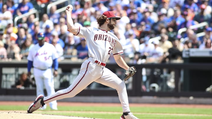 Apr 16, 2022; New York City, New York, USA; Arizona Diamondbacks starting pitcher Zac Gallen (23) pitches in the first inning against the New York Mets at Citi Field. Mandatory Credit: Wendell Cruz-Imagn Images