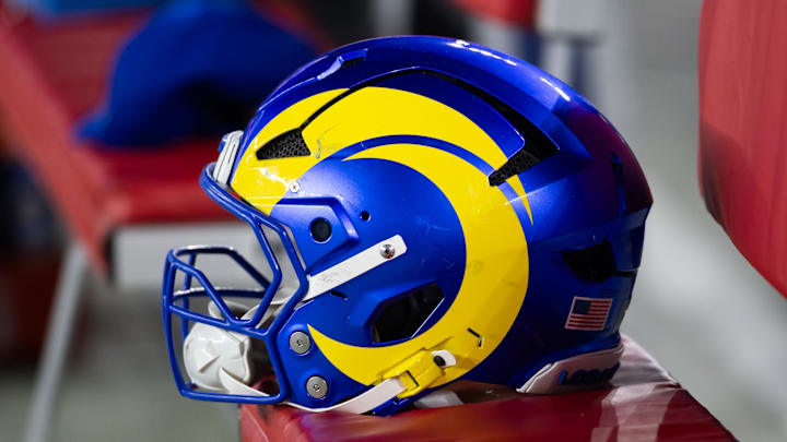 Jan 13, 2025; Glendale, AZ, USA; Detailed view of a Los Angeles Rams helmet during an NFC wild card game at State Farm Stadium. Mandatory Credit: Mark J. Rebilas-Imagn Images