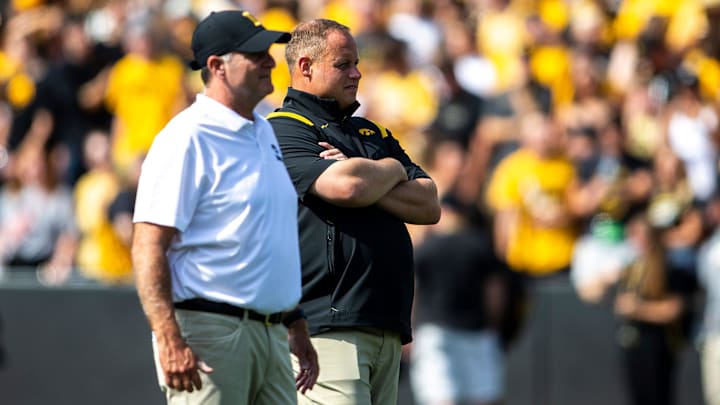 Iowa defensive coordinator Phil Parker, left, and assistant defensive coordinator and linebackers coach Seth Wallace watch players warm up before a NCAA football game against South Dakota State, Saturday, Sept. 3, 2022, at Kinnick Stadium in Iowa City, Iowa.

220903 Sdsu Iowa Fb 014 Jpg