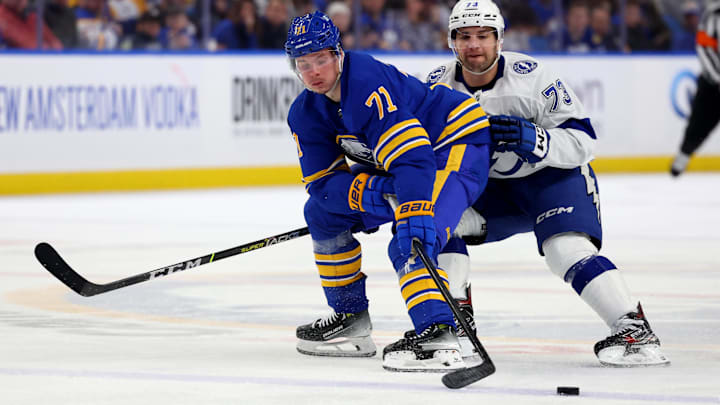 Jan 20, 2024; Buffalo, New York, USA;  Buffalo Sabres left wing Victor Olofsson (71) looks to