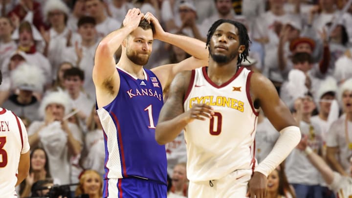 Feb 4, 2023; Ames, Iowa, USA; Kansas Jayhawks center Hunter Dickinson (1) reacts as Iowa State scores