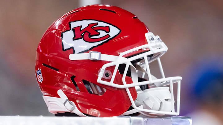 Aug 9, 2025; Glendale, Arizona, USA; Detailed view of a Kansas City Chiefs helmet during a preseason NFL game at State Farm Stadium. Mandatory Credit: Mark J. Rebilas-Imagn Images