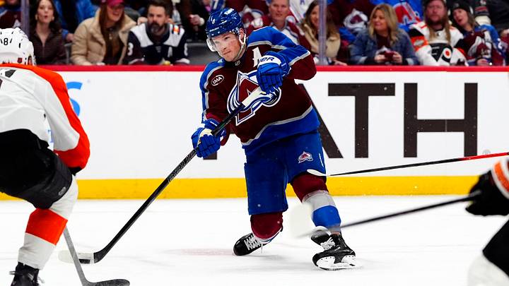 Jan 23, 2026; Denver, Colorado, USA; Colorado Avalanche defenseman Cale Makar (8) shoots and scores a goal in the second period against the Philadelphia Flyers at Ball Arena. 