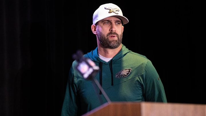Feb 4, 2025; New Orleans, LA, USA; Philadelphia Eagles head coach Nick Sirianni takes the podium for a press conference at Hilton New Orleans Riverside.
