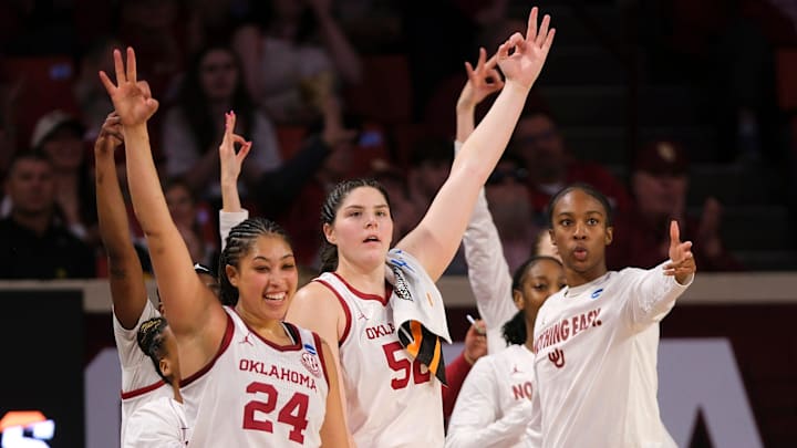 The Oklahoma bench jumps up after a 3 during the Second Round of the NCAA Tournament. The Oklahoma bench jumps up after a 3 during the Second Round of the NCAA Tournament.