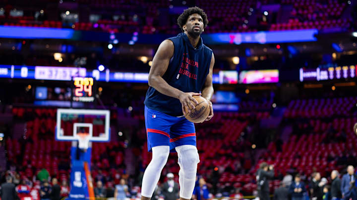 Apr 25, 2024; Philadelphia, Pennsylvania, USA; Philadelphia 76ers center Joel Embiid warms up before game three of the first round for the 2024 NBA playoffs against the New York Knicks at Wells Fargo Center. Mandatory Credit: Bill Streicher-USA TODAY Sports